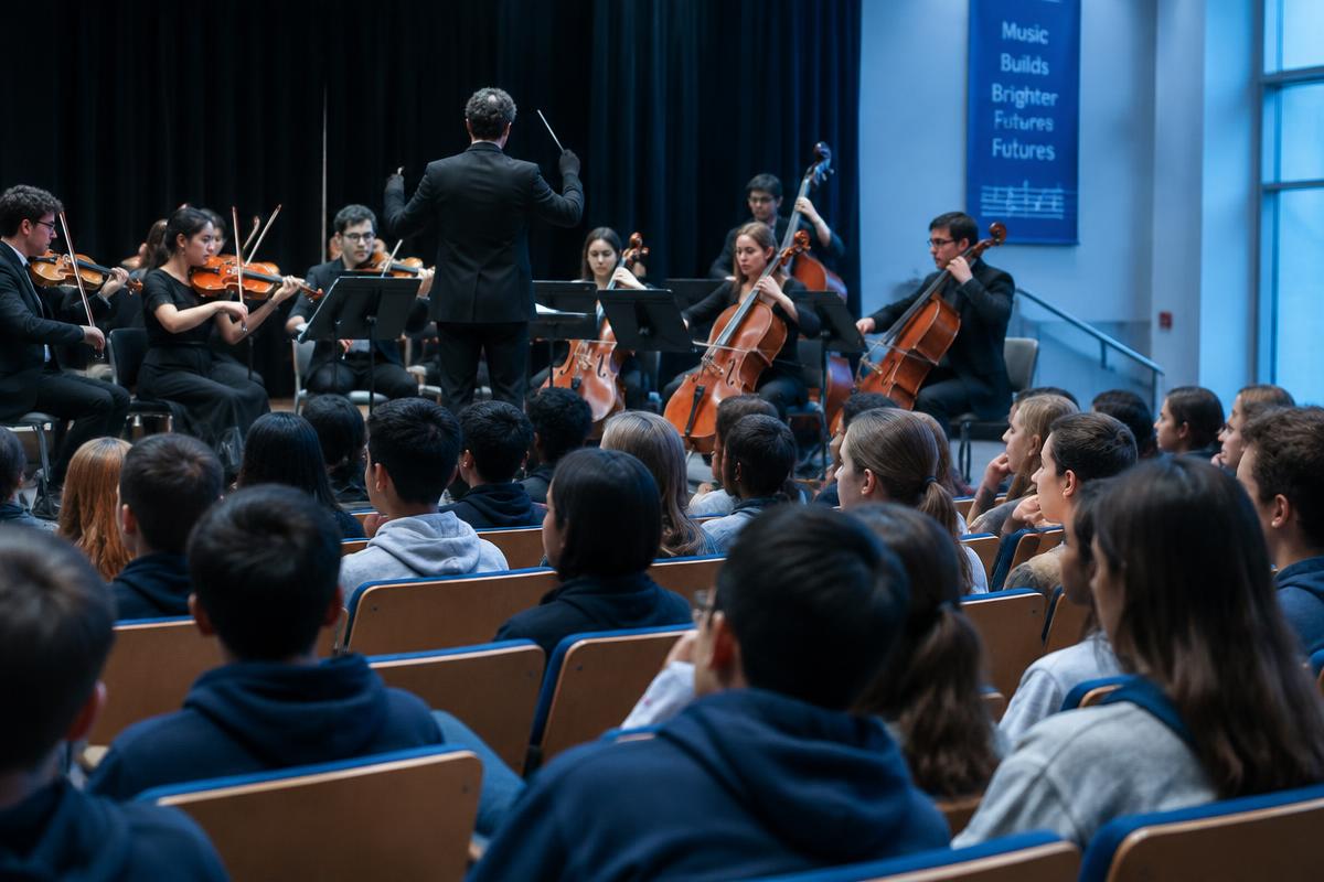 Crianças assistindo a um concerto didático em escola